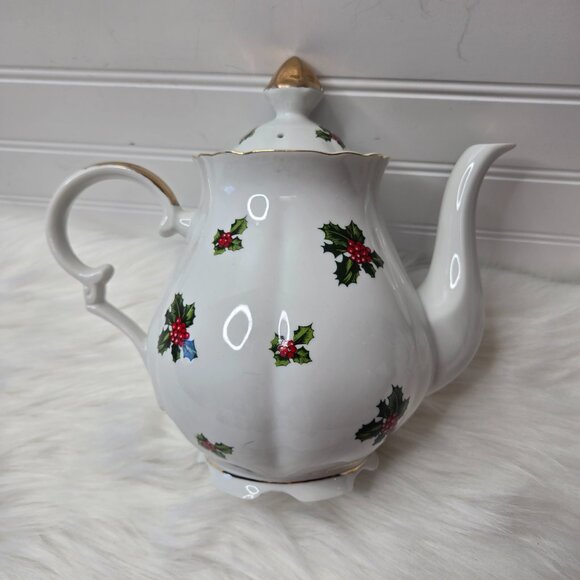 VTG Lefton China Christmas Holly & Berry Teapot Coffeepot 7948 Japan Exclusives - Picture 3 of 10